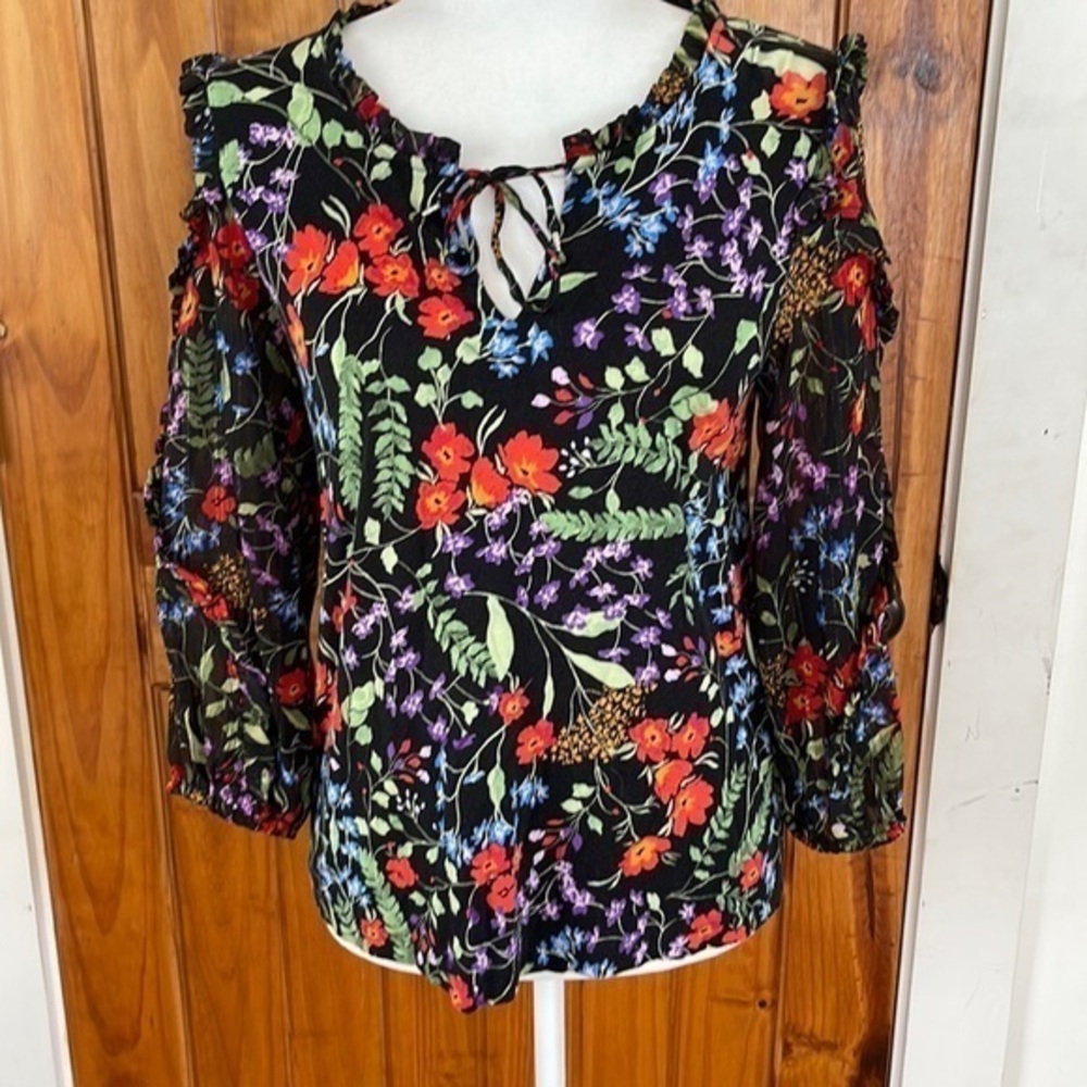 Maeve Anthropologie Black red purple Floral peasant Ruffle bow Tie Neck Top XS